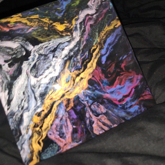 Original Abstract Pour Painting On Wood Glossy Resin Finish Dark Metallic 8"×8" - Picture 6 of 9